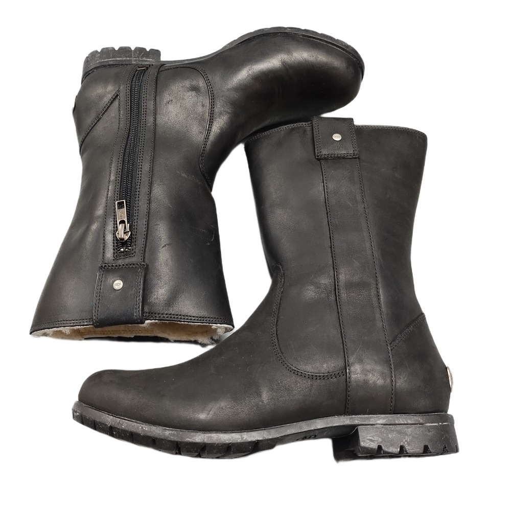 UGG Burroughs Winter Boots Womens 7 Black Faux Fur Lined Mid-Calf Side Zip EUC